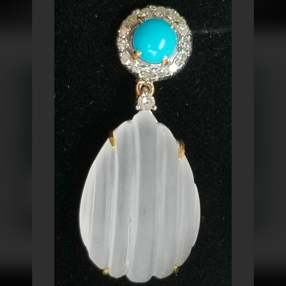 Earrings 14k Gold Diamond Turquoise Rock Crystal Quartz Drop- Estate Jewelry 7g - Picture 6 of 12
